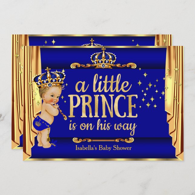 Convite Royal Blue Dourado Draps Prince Chá de fraldas Blo (Frente/Verso)