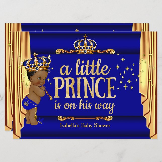 Convite Royal Blue Dourado Draps Prince Chá de fraldas Eth (Frente/Verso)