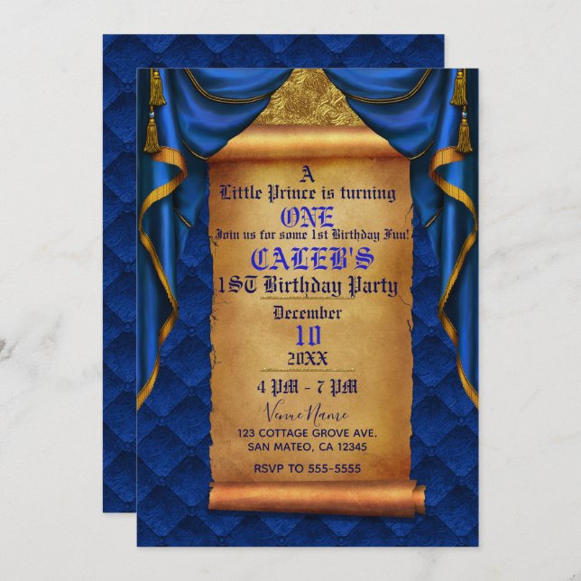 Convite Royal Blue Dourado Draps Scroll Party (Frente/Verso)