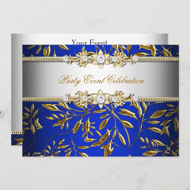 Convite Royal Blue Dourado Embossed parece um partido eleg (Frente/Verso)