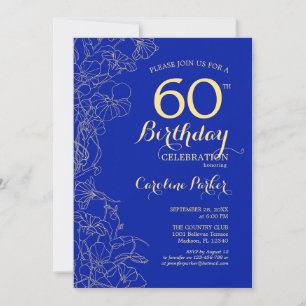 Convite Royal Blue Dourado Floral 60º Aniversário