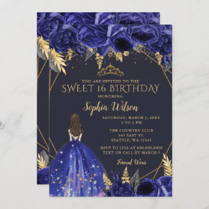 Convite Royal Blue Dourado Floral Princess Sweet 16