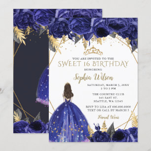 Convite Royal Blue Dourado Floral Princess Sweet 16