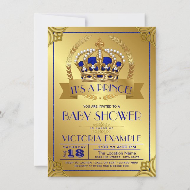 Convite Royal Blue Dourado Prince Baby Shower Invits (Frente)