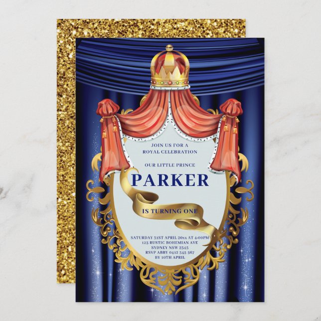 Convite Royal Blue Dourado Prince Birthday (Frente/Verso)