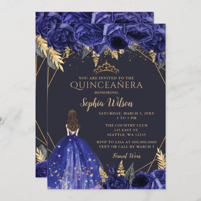 Convite Royal Blue Dourado Princesa Floral Quinceañera Inv (Frente/Verso)