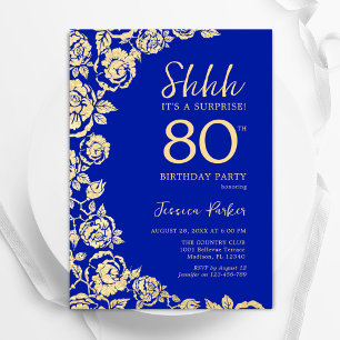 Convite Royal Blue Dourado Rosas Surpresa 80 Aniversário