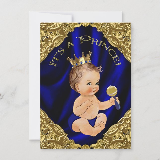 Convite Royal Blue Dourado Satin Prince Chá de fraldas (Frente)