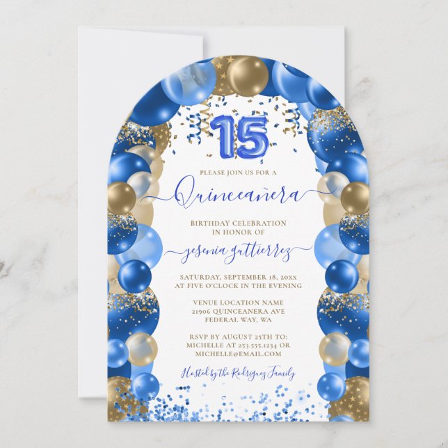 Convite Royal Blue Dourado Sparkle Quinceañera Balão (Frente)