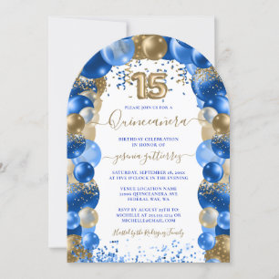 Convite Royal Blue Dourado Sparkle Quinceañera Balloon In