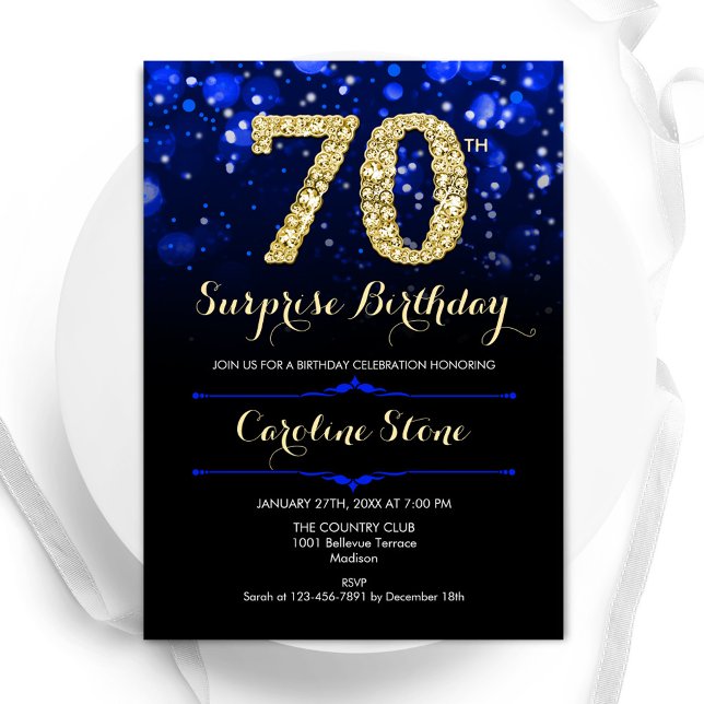 Convite Royal Blue Dourado Surprise 70 de Aniversário (Criador carregado)
