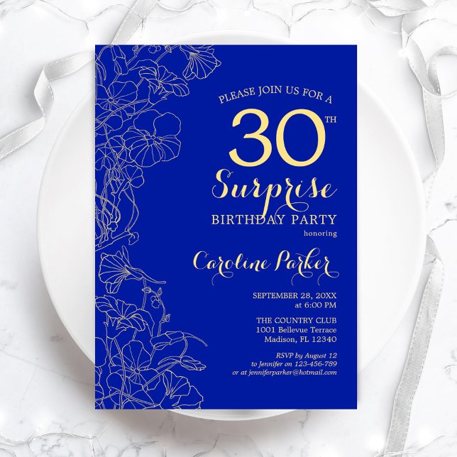 Convite Royal Blue Dourado Surprise aniversário de 30 anos (Criador carregado)