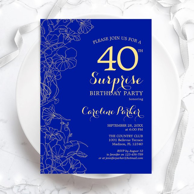 Convite Royal Blue Dourado Surprise aniversário de 40 anos (Criador carregado)