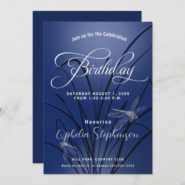 Convite Royal Blue Dragonfly Birthday (Frente/Verso)