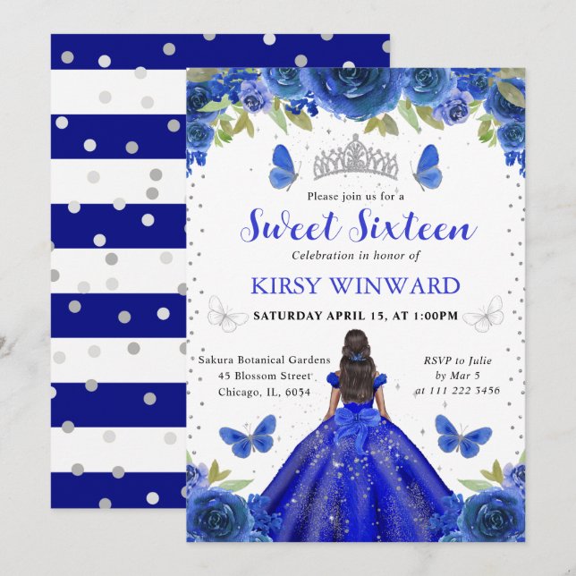 Convite Royal Blue Dress Dark Skin Princess Sweet 16 (Frente/Verso)