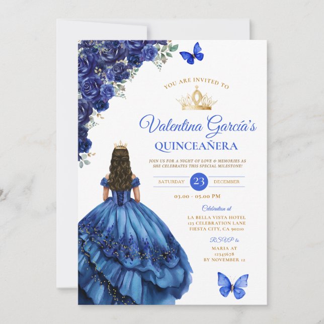 Convite Royal Blue Dress Quinceañera 15 Anos Flowers Gold (Frente)