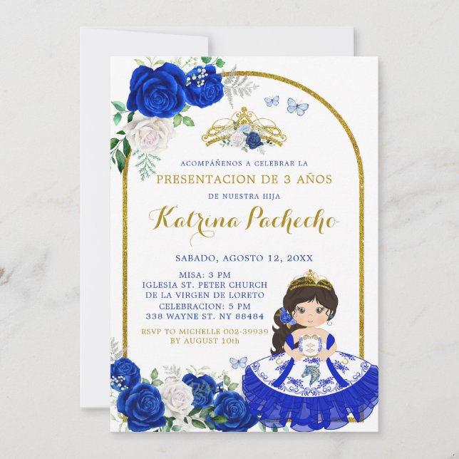 Convite Royal Blue e Dourada Apresentação ó em De Tres An (Frente)