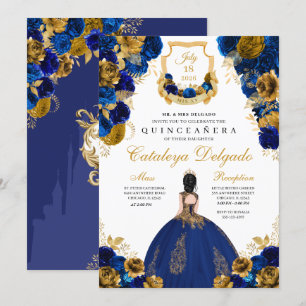 Convite Royal Blue e Dourada Quinceañera