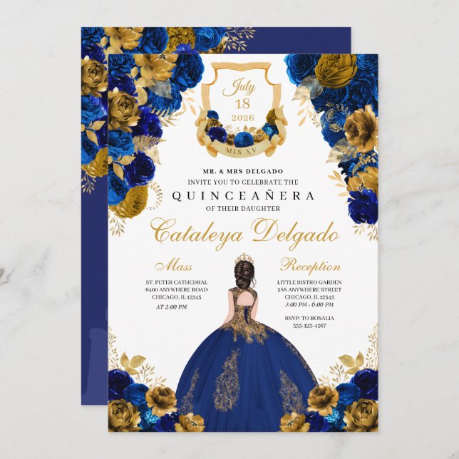 Convite Royal Blue e Dourada Quinceañera (Frente/Verso)