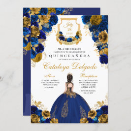 Convite Royal Blue e Dourada Quinceañera