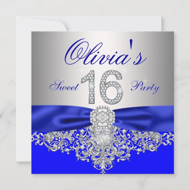 Convite Royal Blue e Silver Diamond Sweet 16 Party (Frente)