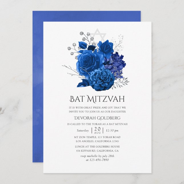Convite Royal Blue e Silver Floral Bat Mitzvah (Frente/Verso)
