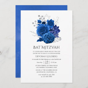 Convite Royal Blue e Silver Floral Bat Mitzvah