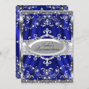 Convite Royal Blue E Silver Jewel Damask Quinceanera