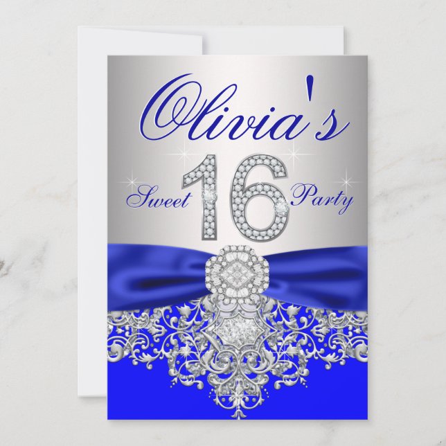 Convite Royal Blue e Silver Sweet 16 Party (Frente)