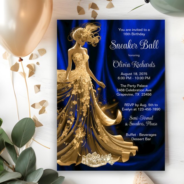 Convite Royal Blue Elegante Elegante Ball (Elegant royal blue gold sneaker ball invitation. All text, font and wording can be changed.)