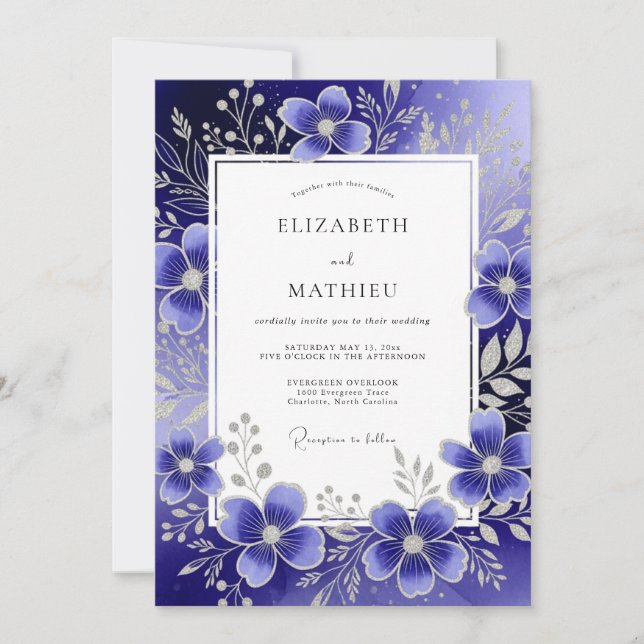 Convite Royal Blue Ethereal Floral Wedding (Frente)
