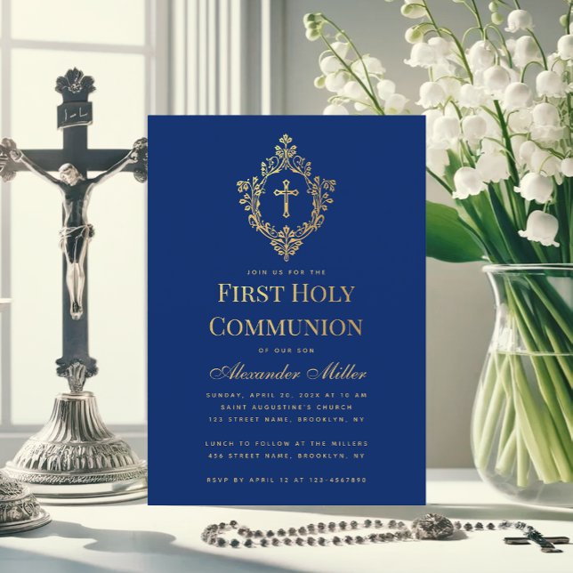 Convite Royal Blue First Commune Faux Dourado Cross Crest (Criador carregado)