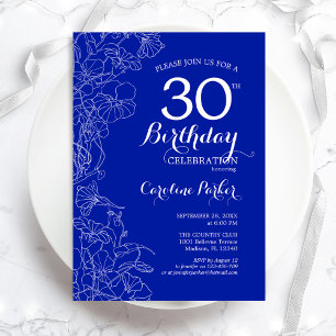 Convite Royal Blue Floral aniversário de 30 anos Party