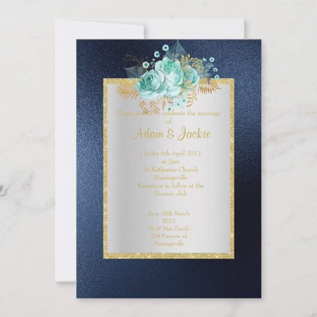 Convite ROYAL BLUE Floral aqua ELEGANTE CLASSY WEDDING (Frente)