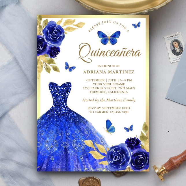 Convite Royal Blue Floral Borboleta Dourada Quinceanera (Criador carregado)
