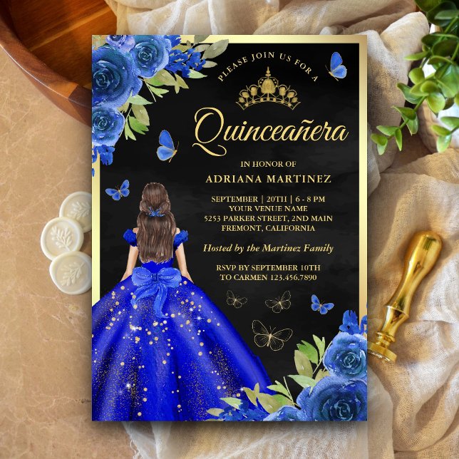 Convite Royal Blue Floral Butterfly Dourada Quinceanera (Criador carregado)