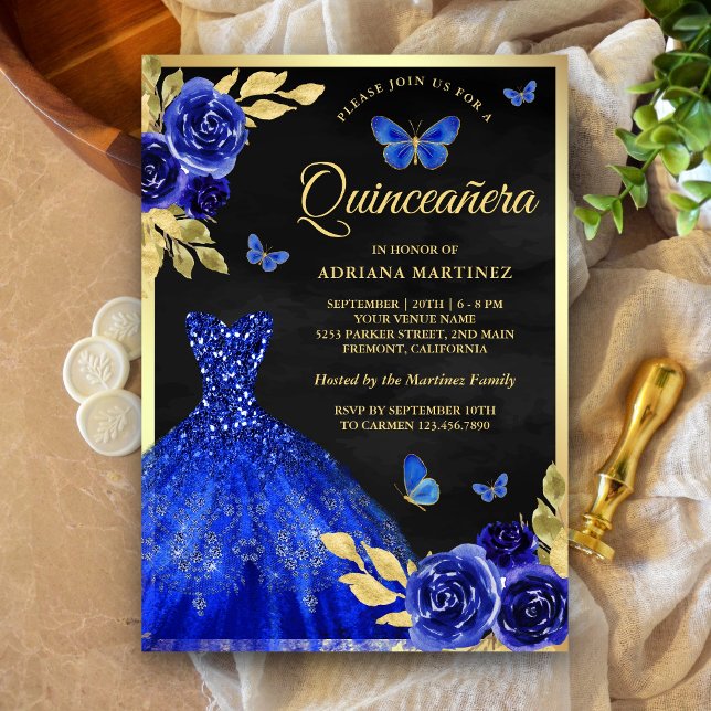 Convite Royal Blue Floral Butterfly Dourada Quinceanera (Criador carregado)
