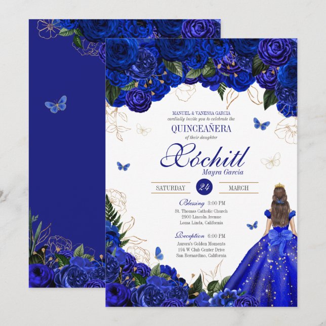 Convite Royal Blue Floral Butterfly Elegante Quinceañera (Frente/Verso)
