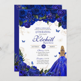 Convite Royal Blue Floral Butterfly Elegante Quinceañera