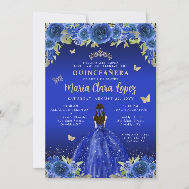 Convite Royal Blue Floral Butterfly Princess Quinceanera (Frente)