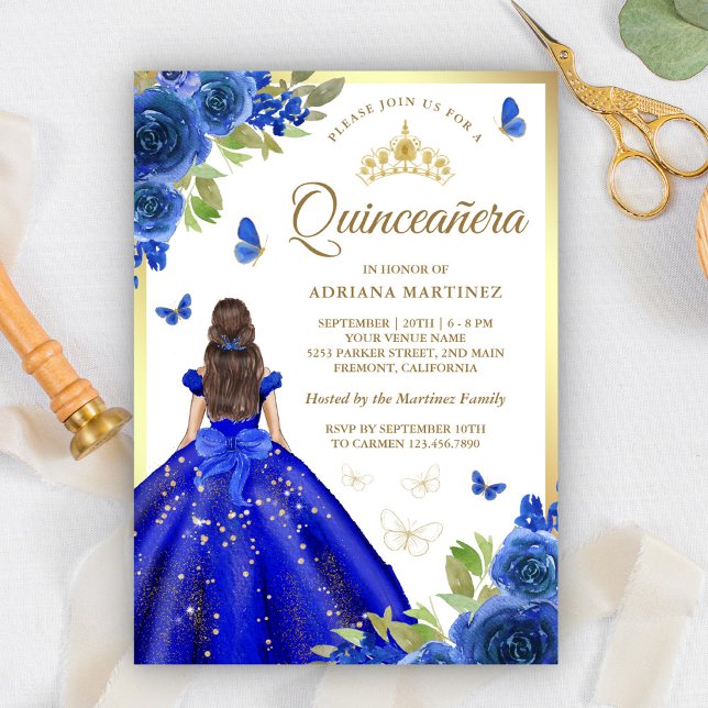 Convite Royal Blue Floral Butterfly Quinceanera (Criador carregado)