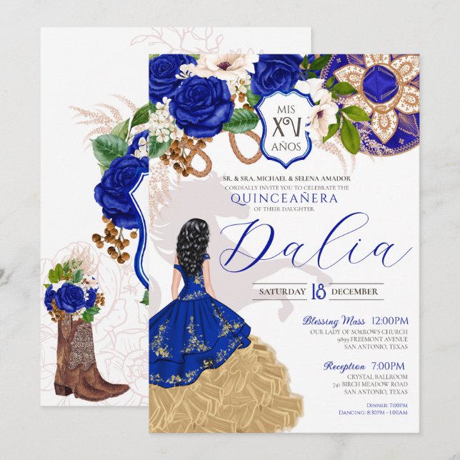 Convite Royal Blue Floral Crest Rosa Charro Quinceañera (Frente/Verso)