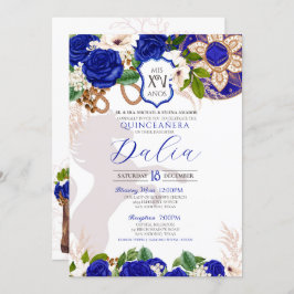 Convite Royal Blue Floral Crest Rosa Charro Quinceañera