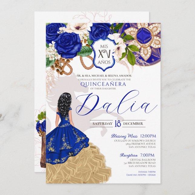 Convite Royal Blue Floral Crest Rosa Charro Quinceañera (Frente/Verso)