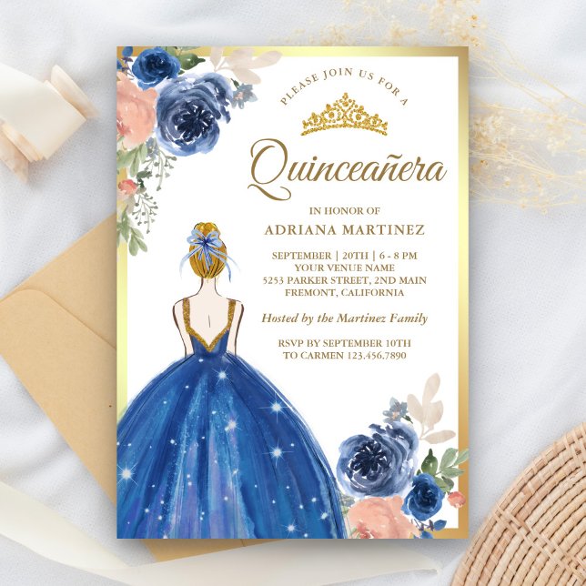 Convite Royal Blue Floral Dress Princesa Dourada Quinceane (Criador carregado)