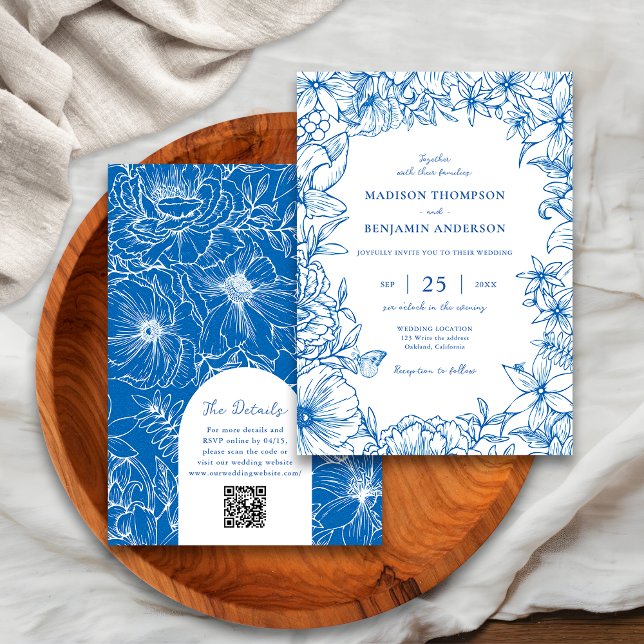 Convite Royal Blue Floral Garden Arch RSVP QR Code Wedding (Criador carregado)