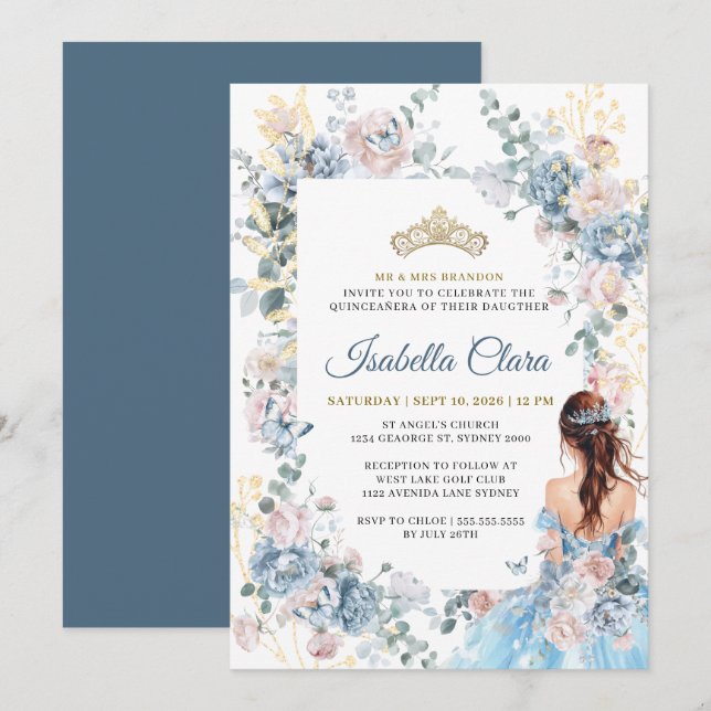 Convite Royal Blue Floral Garden Quinceanera (Frente/Verso)