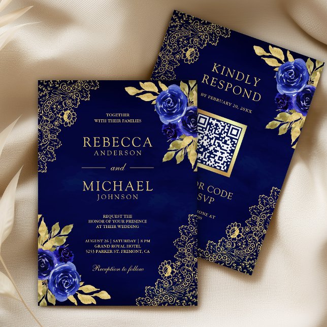 Convite Royal Blue Floral Gold Lace QR Code Wedding (Criador carregado)