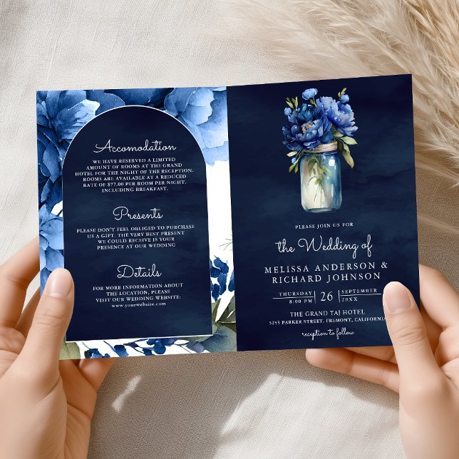 Convite Royal Blue Floral Mason Jar QR Code Navy Wedding (Criador carregado)