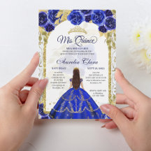 Royal Blue Floral Princesa Dourada Quinceanera